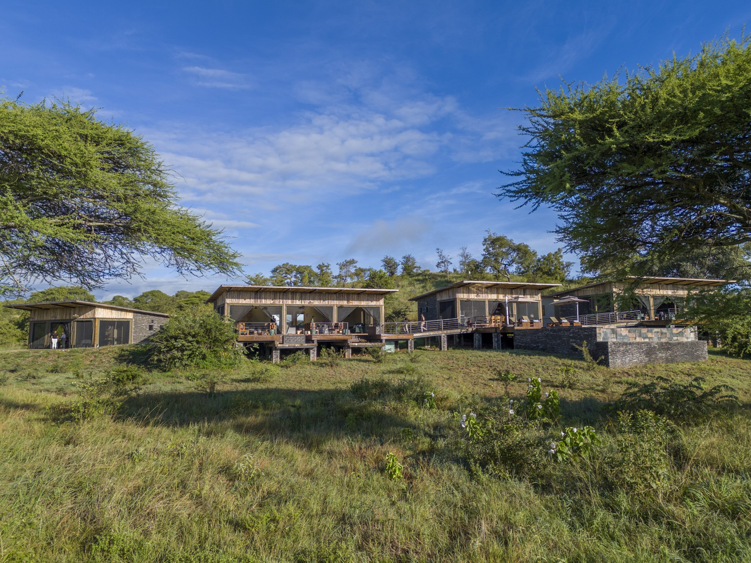 Elephant herd passing through a luxury safari camp in Tanzania's Tarangire National Park at the Tarangire River